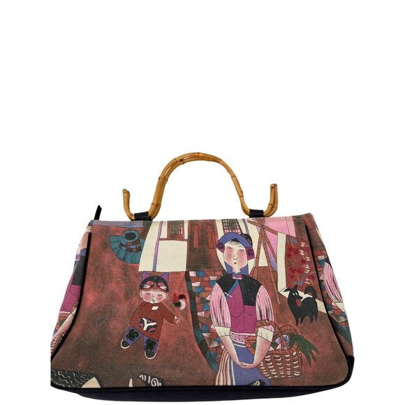 Chico's Handbag Satchel Purse with Bamboo Handles Wu Chi Yong Artwork - Picture 1 of 3